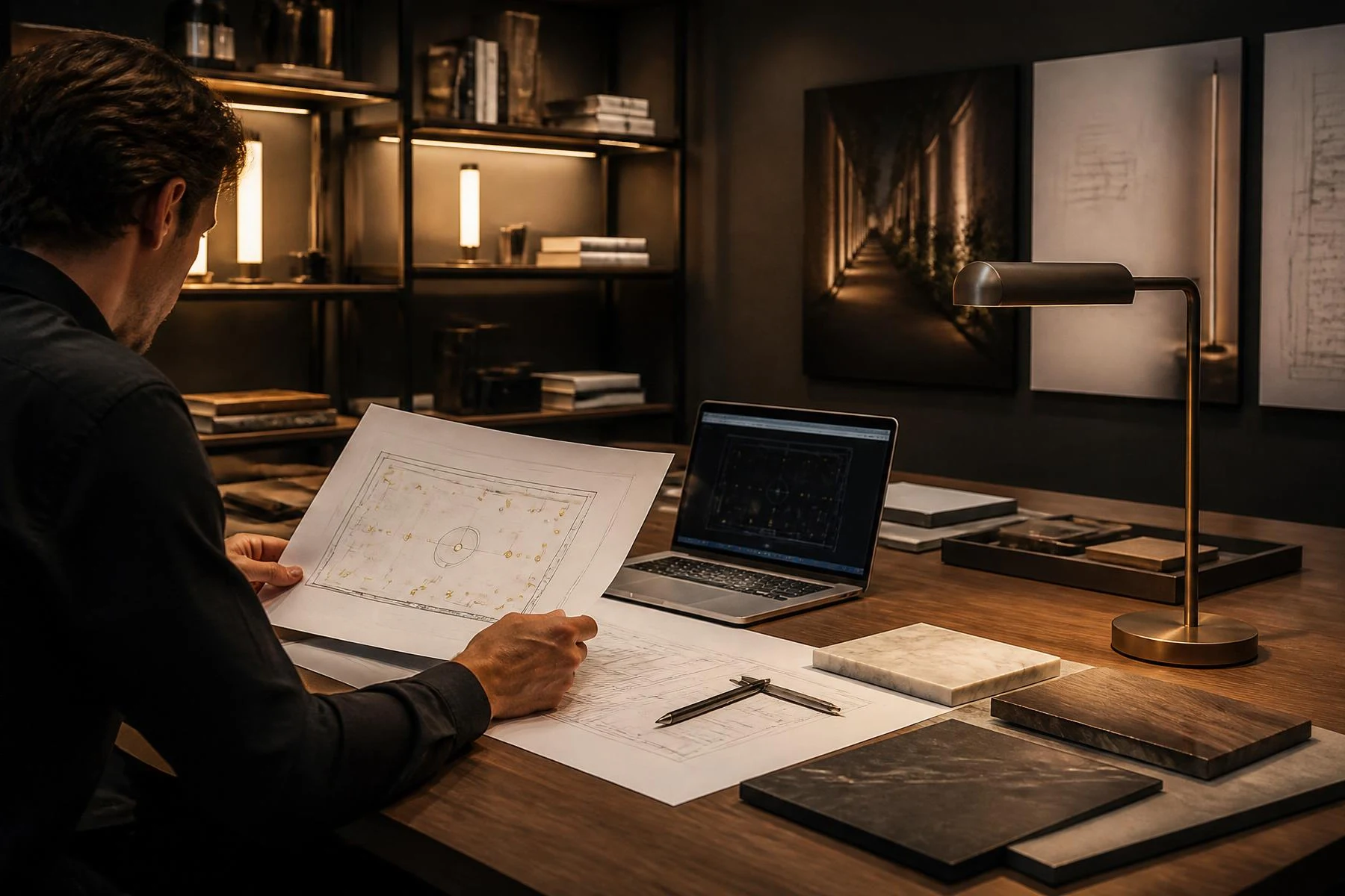 Architectural lighting professional reviewing plans, specifications and material samples.