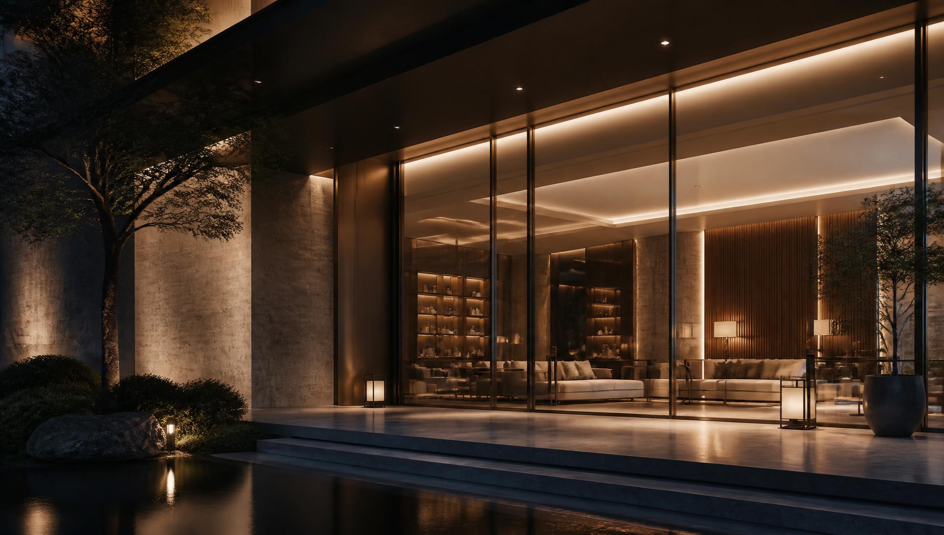 Contemporary luxury hotel entrance at dusk with concealed linear lighting integrated into architecture.