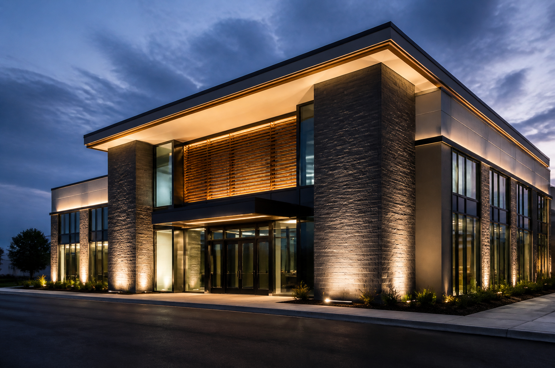 Photorealistic dusk exterior of a modern commercial building with warm architectural LED façade lighting.