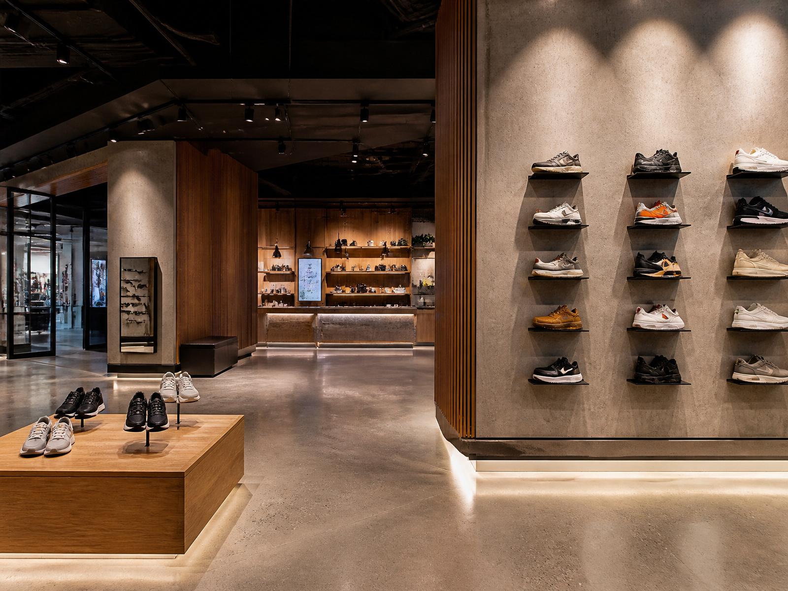 Premium retail interior with focused track lighting on product displays and integrated architectural accent lighting.