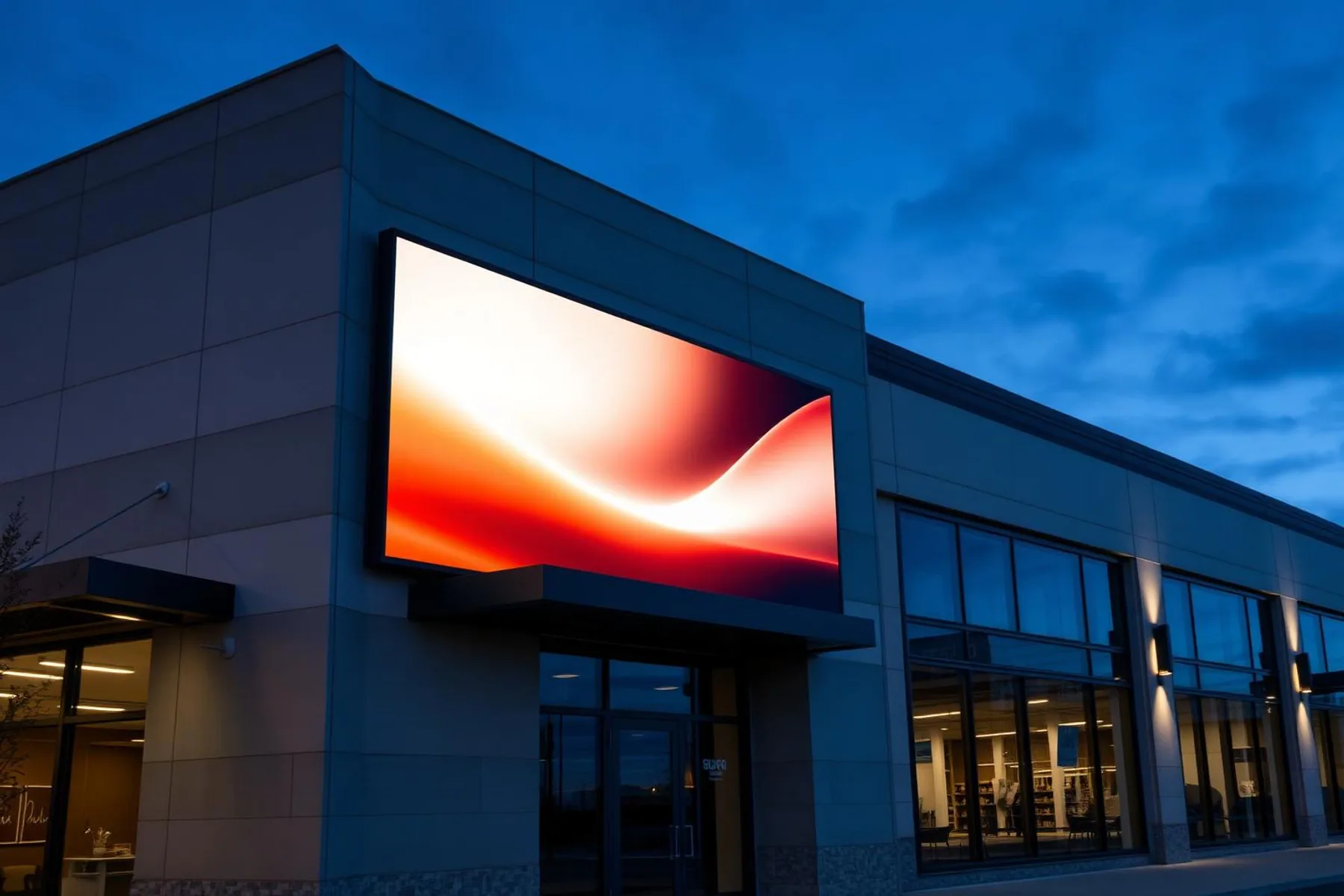 Outdoor LED display integrated into a contemporary commercial building.