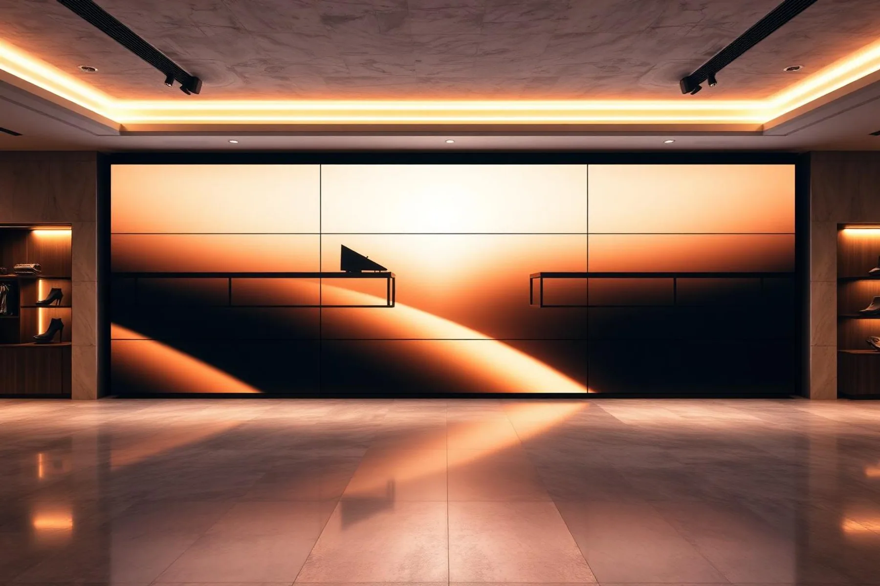 Large-format LED video wall integrated into a luxury retail showroom.