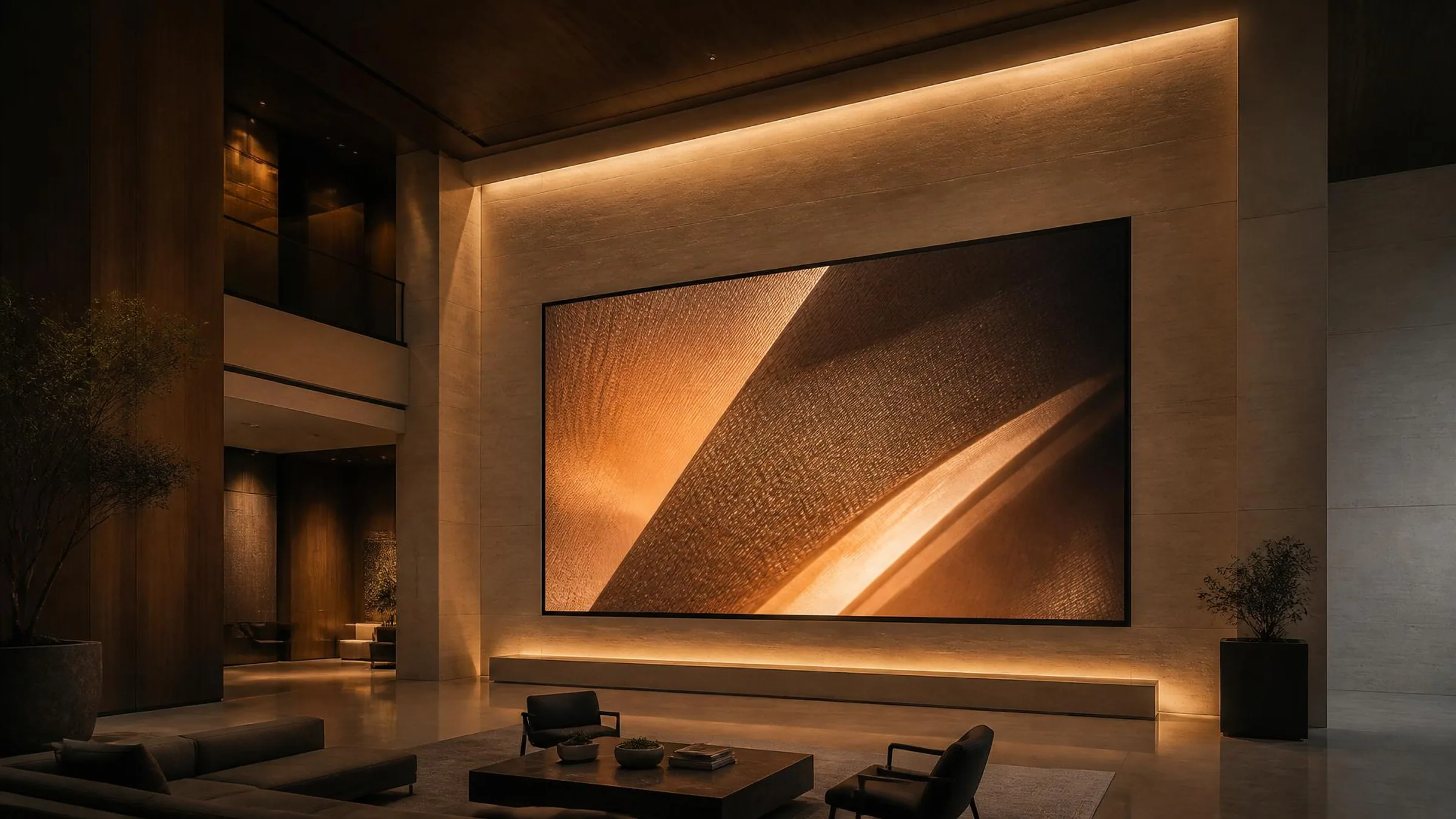 Seamless architectural LED video wall in a premium commercial environment.